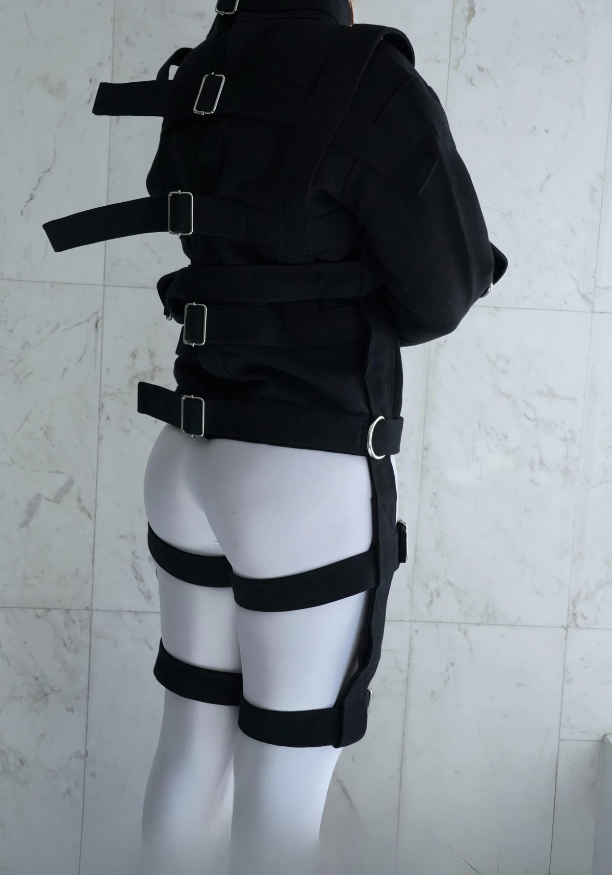 Heavy Duty Black Straitjacket with Chest Zippers & Adjustable Thigh Straps – Secure Canvas Restraint Jacket