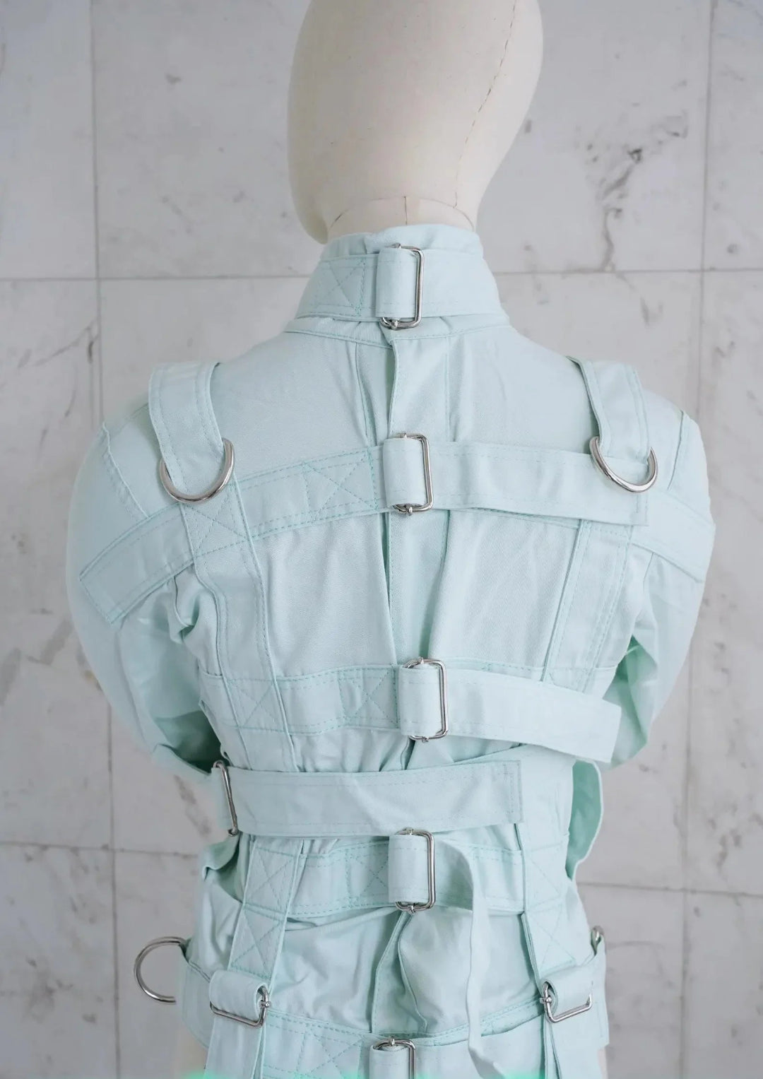 Baby Mint ABDL straitjacket on mannequin front view – The Strait Jackets