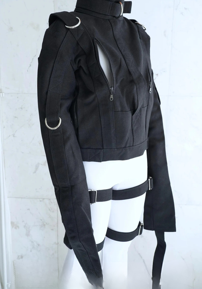 Heavy Duty Black Straitjacket with Chest Zippers & Adjustable Thigh Straps – Secure Canvas Restraint Jacket