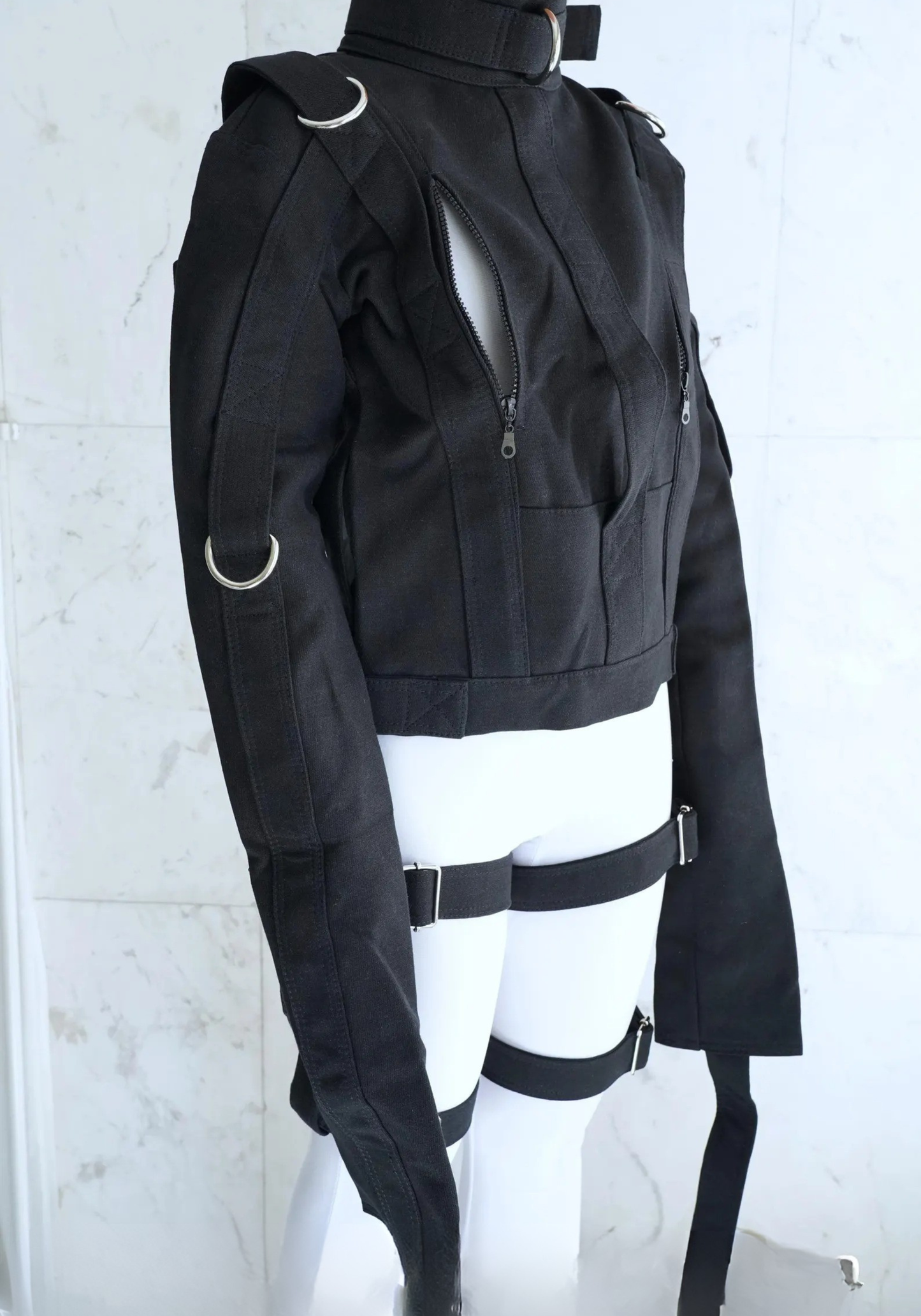 Heavy Duty Black Straitjacket with Chest Zippers & Adjustable Thigh Straps – Secure Canvas Restraint Jacket
