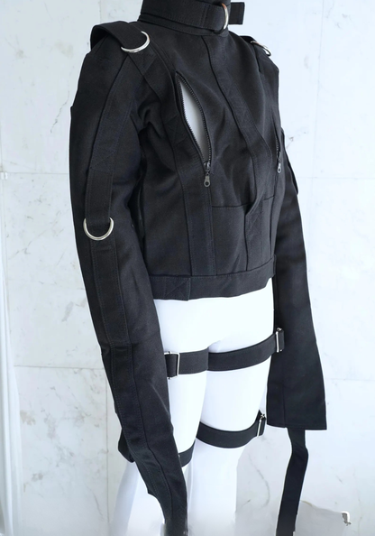 Heavy Duty Black Straitjacket with Chest Zippers & Adjustable Thigh Straps – Secure Canvas Restraint Jacket