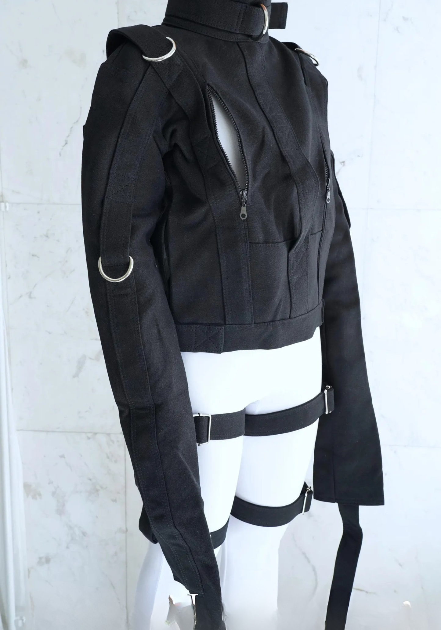 Heavy Duty Black Straitjacket with Chest Zippers & Adjustable Thigh Straps – Secure Canvas Restraint Jacket