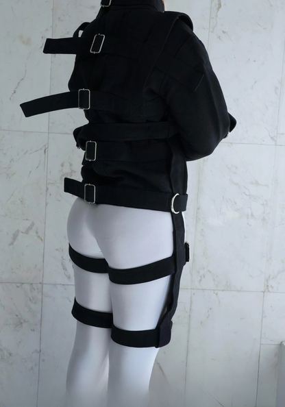 Heavy Duty Black Straitjacket with Chest Zippers & Adjustable Thigh Straps – Secure Canvas Restraint Jacket