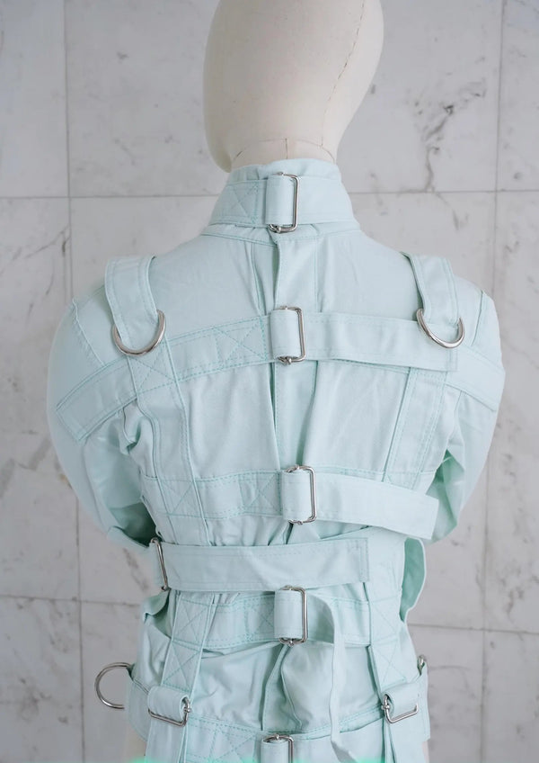 Baby Mint ABDL straitjacket on mannequin front view – The Strait Jackets