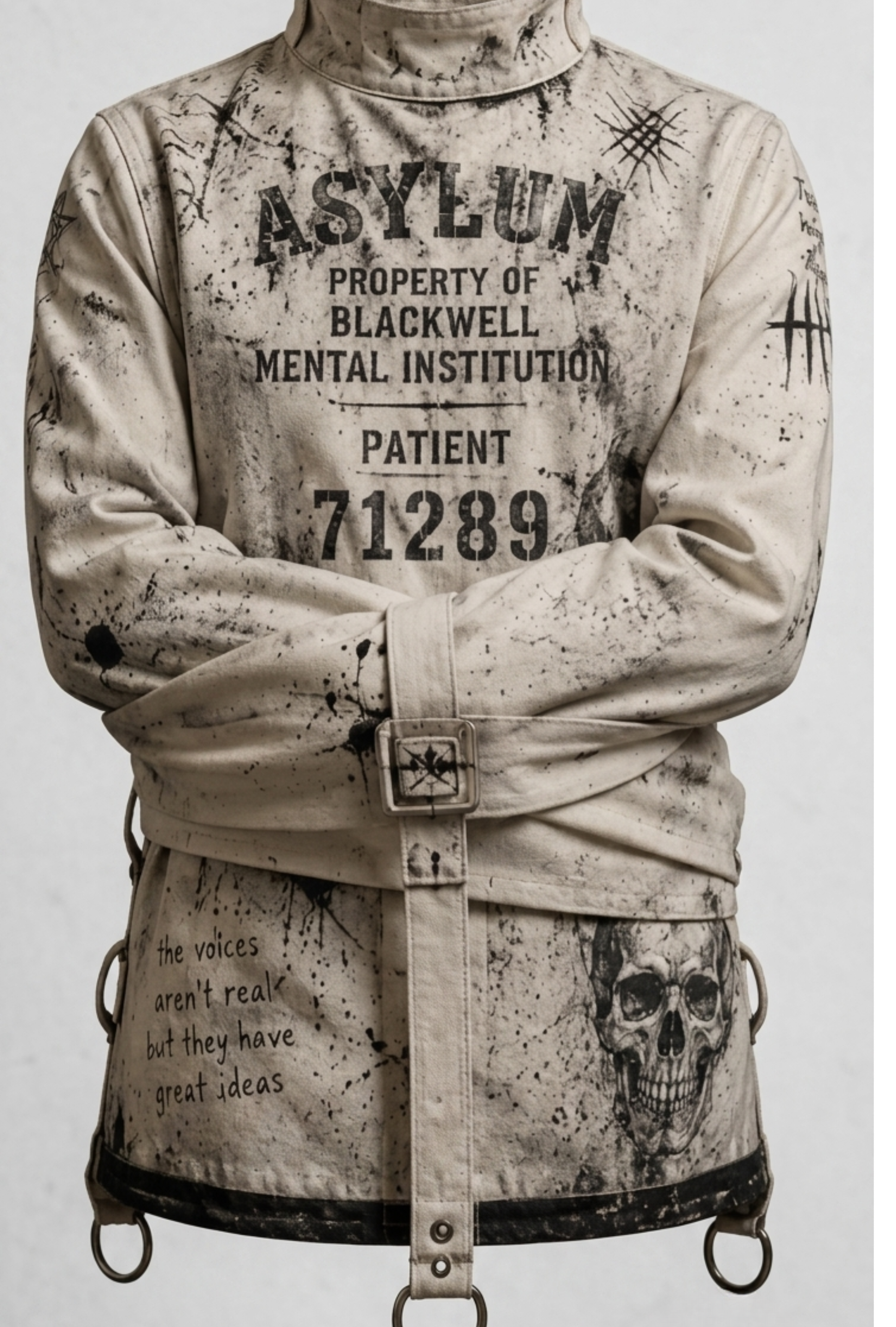 Customizable Asylum Straitjacket – Heavy Duty Canvas Gothic Cosplay & Halloween Jacket, Personalized Text & Patient Number – Custom Heavy Canvas Apparel
