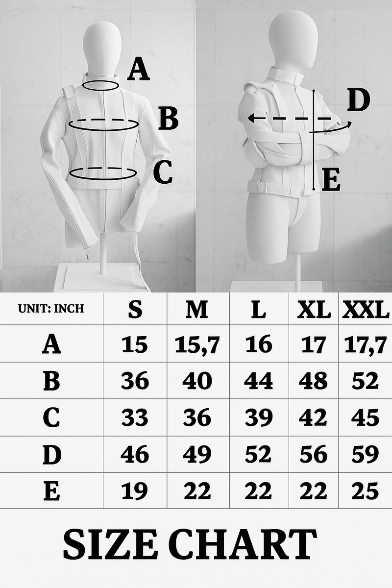 "Detailed strait jacket measurement guide in centimeters for perfect fit"
