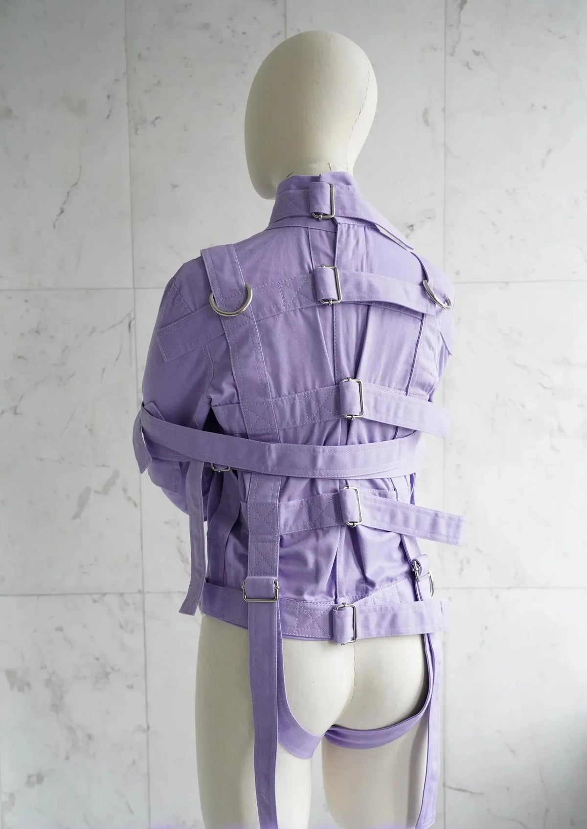 High-quality bondage straitjacket in lavender with secure crotch straps for ABDL play
