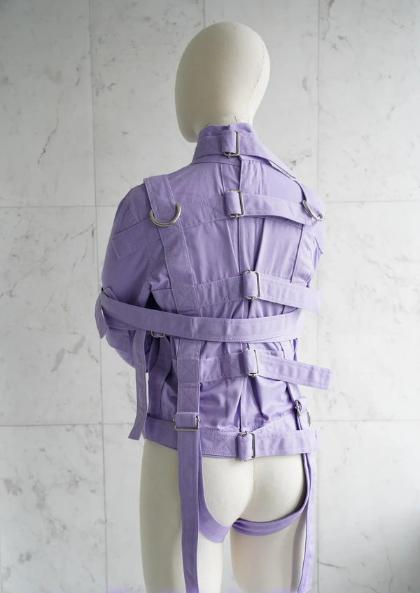 High-quality bondage straitjacket in lavender with secure crotch straps for ABDL play