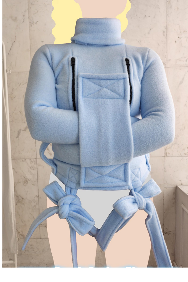 “Polar fleece ABDL straitjacket with chest zippers in pastel blue – pajama style cozy restraint by The Strait Jackets”