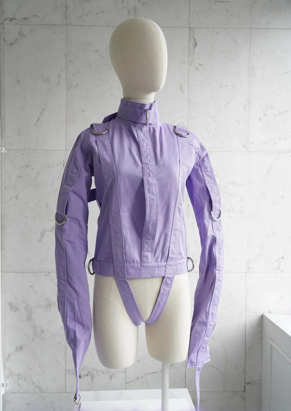 Purple ABDL straitjacket for adult baby diaper lover with heavy-duty straps and D-rings