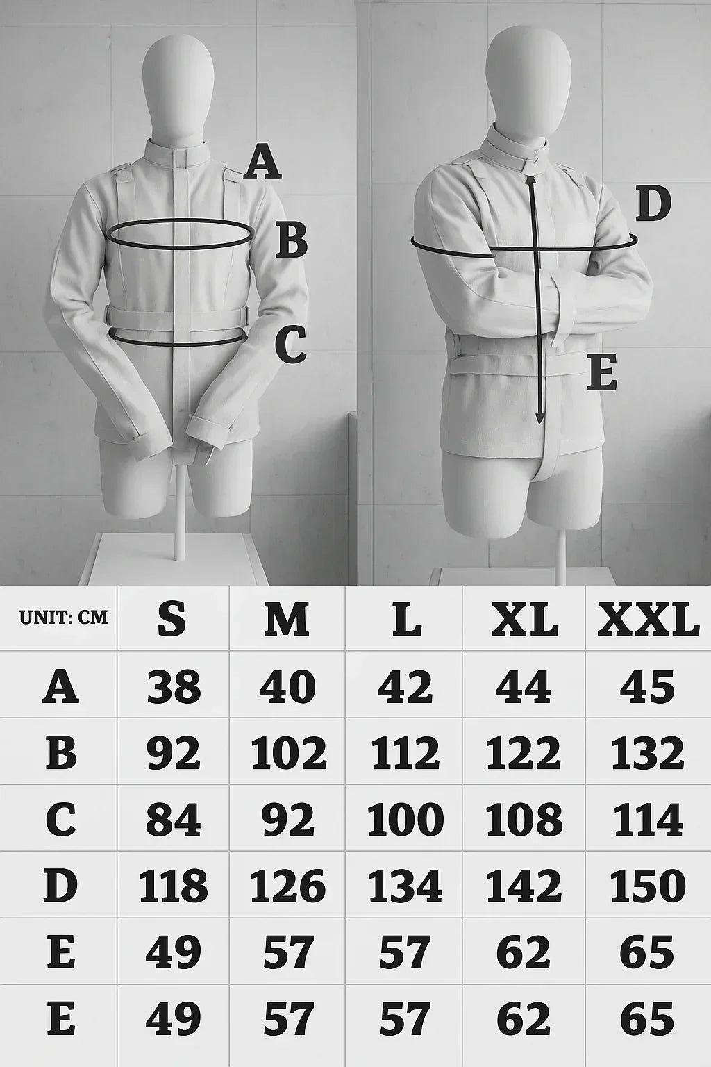 "Strait jacket size chart in inches – chest, shoulder, sleeve, and length measurements"