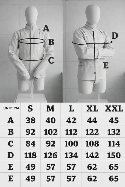 "Strait jacket size chart in inches – chest, shoulder, sleeve, and length measurements"