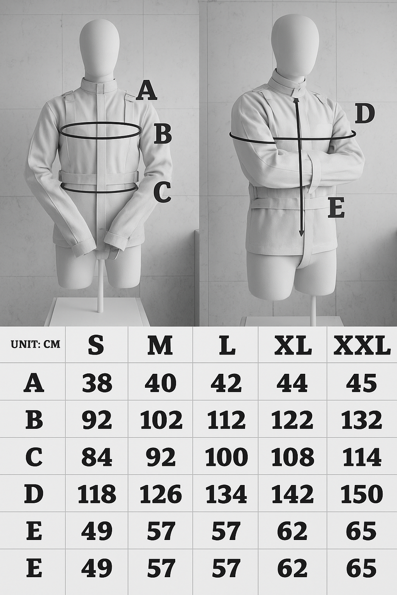 "Strait jacket size chart in inches – chest, shoulder, sleeve, and length measurements"